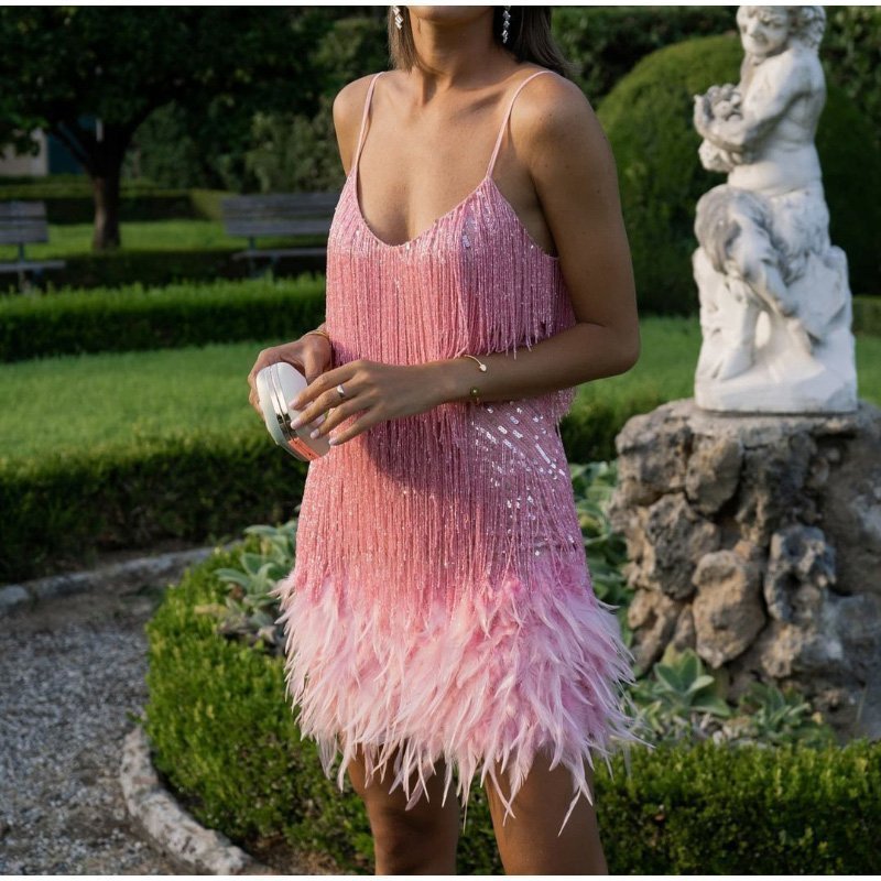 💥This month's hottest items - Women's Feather Fringe Sequin Spaghetti Strap Dress - naotstore