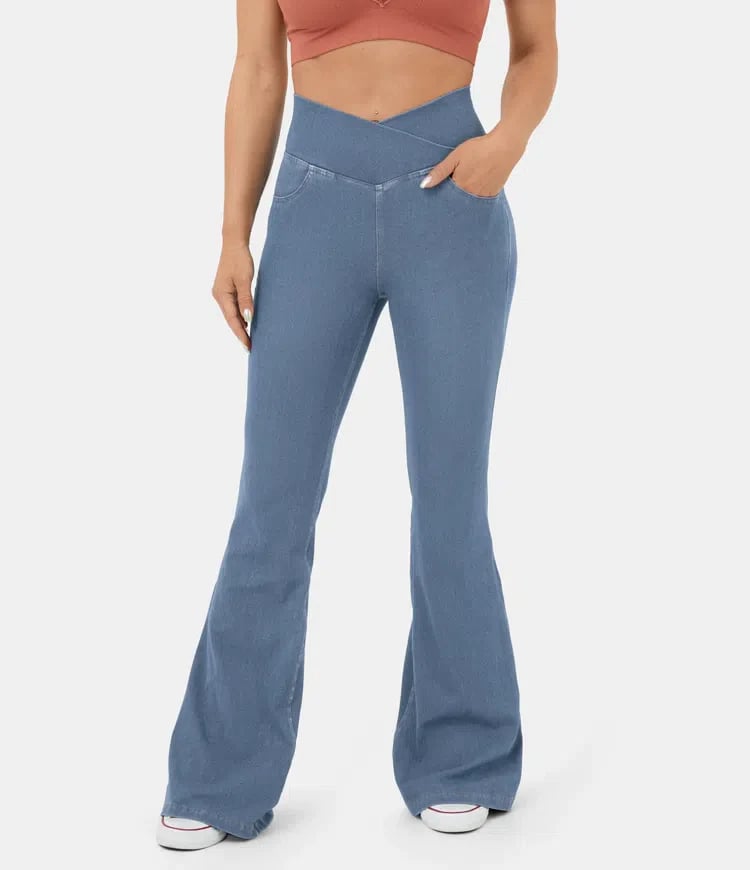 Usphonecards -Stretchy Denim High Waisted Crossover Flare Pants