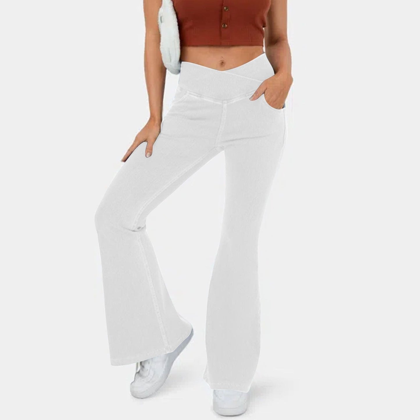 Usphonecards -Stretchy Denim High Waisted Crossover Flare Pants