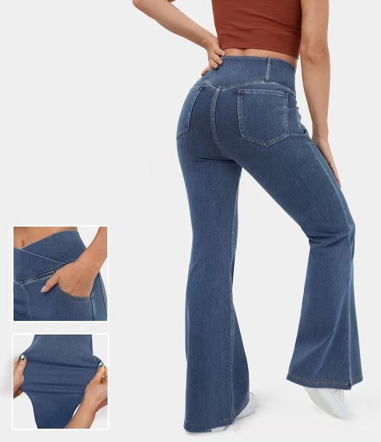 Usphonecards -Stretchy Denim High Waisted Crossover Flare Pants