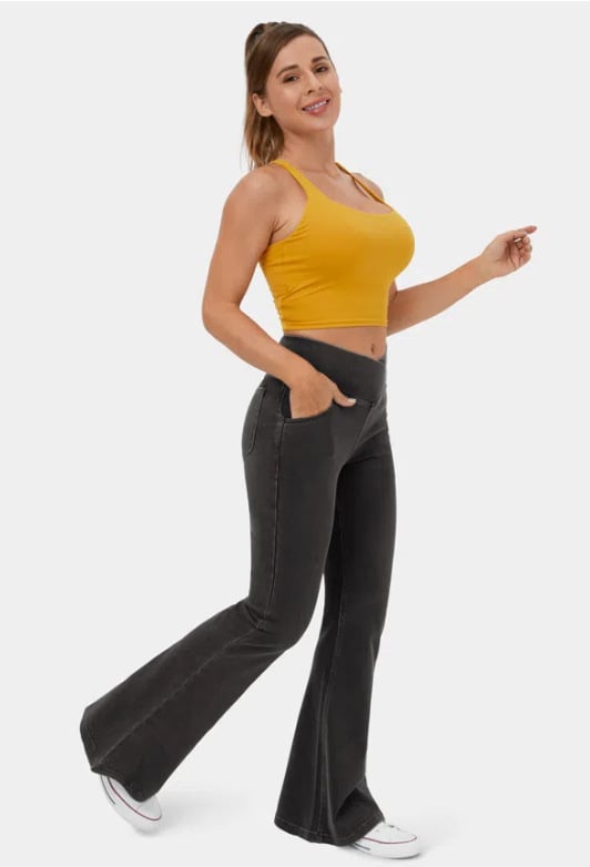 Usphonecards -Stretchy Denim High Waisted Crossover Flare Pants