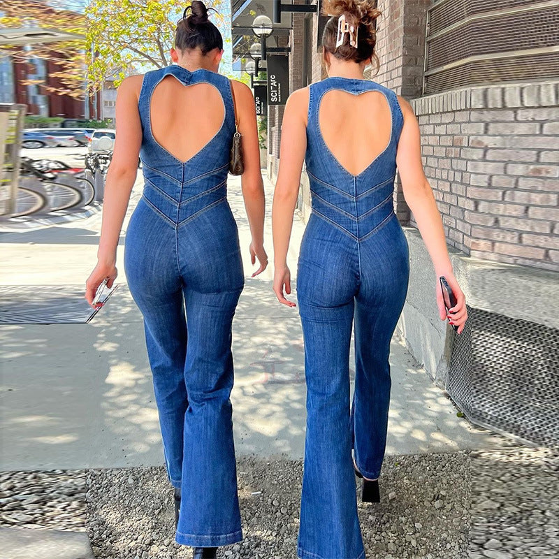 Usphonecards - Women&#39;s backless sweetheart denim jumpsuit