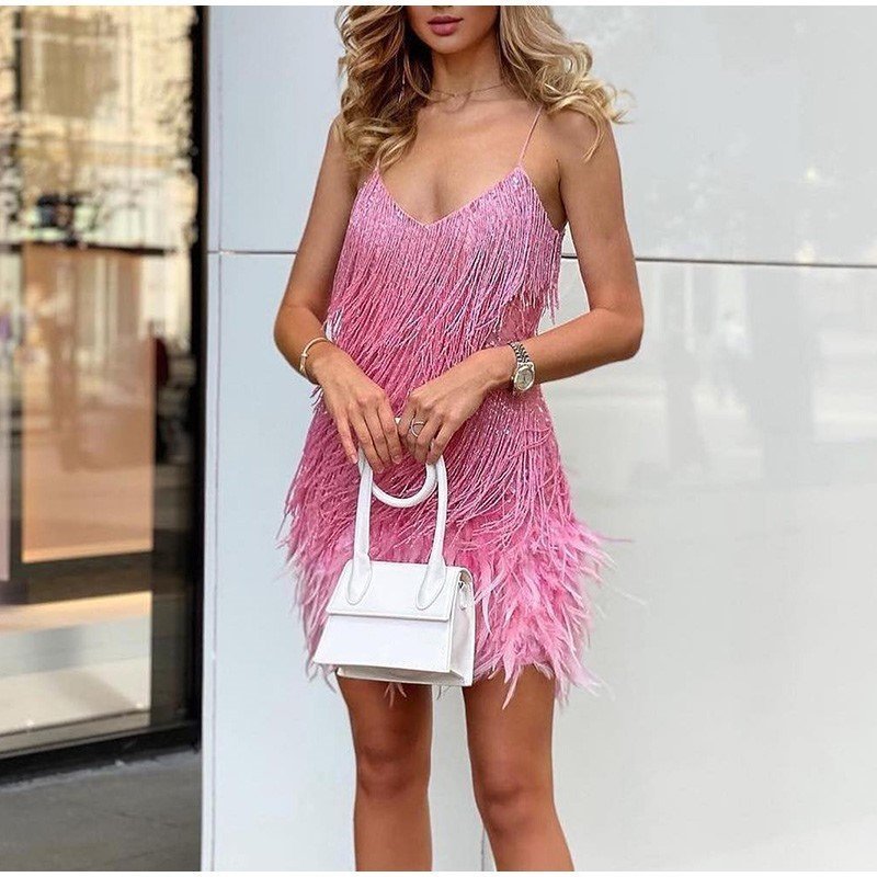 💥This month's hottest items - Women's Feather Fringe Sequin Spaghetti Strap Dress - naotstore