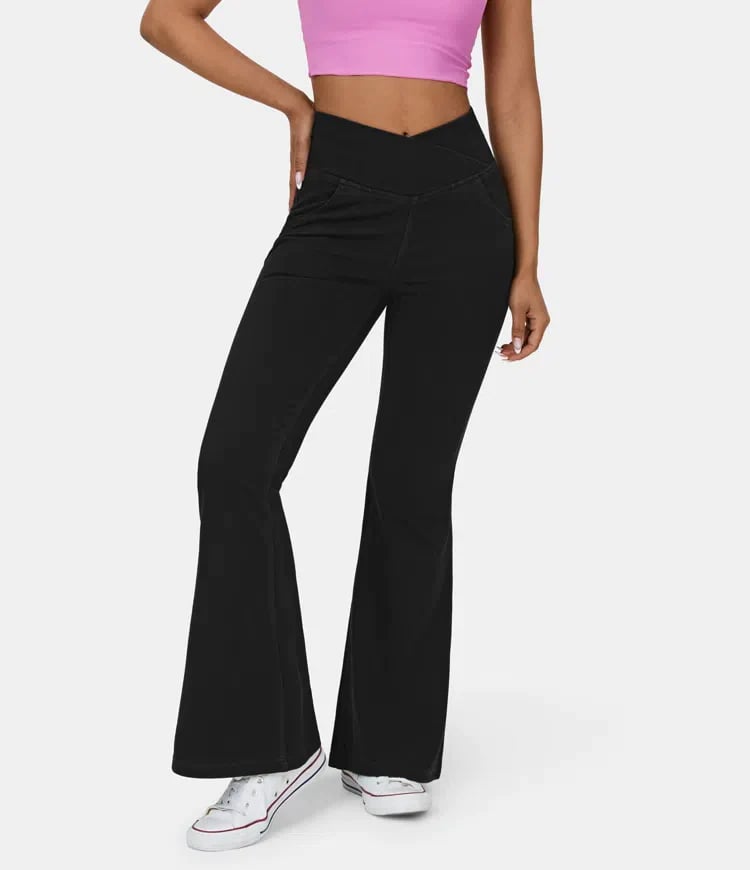 Usphonecards -Stretchy Denim High Waisted Crossover Flare Pants