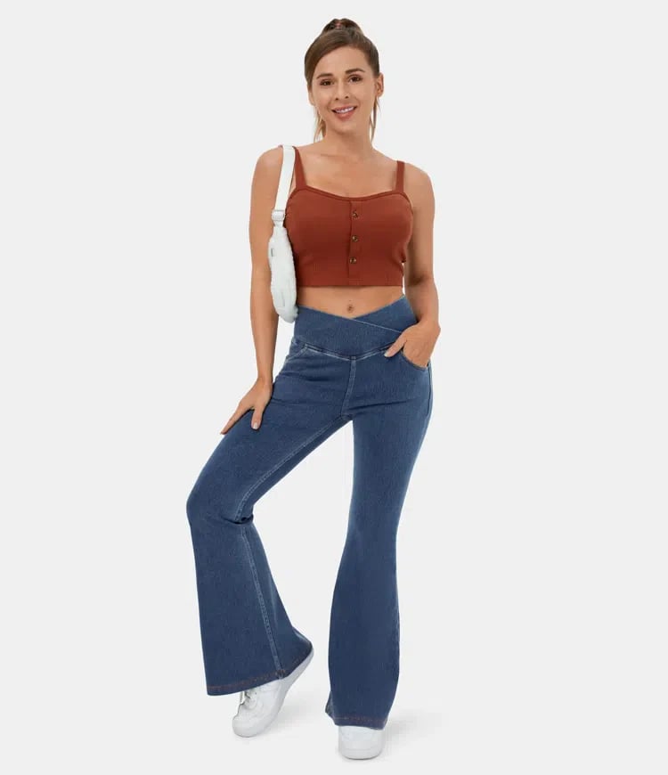 Usphonecards -Stretchy Denim High Waisted Crossover Flare Pants