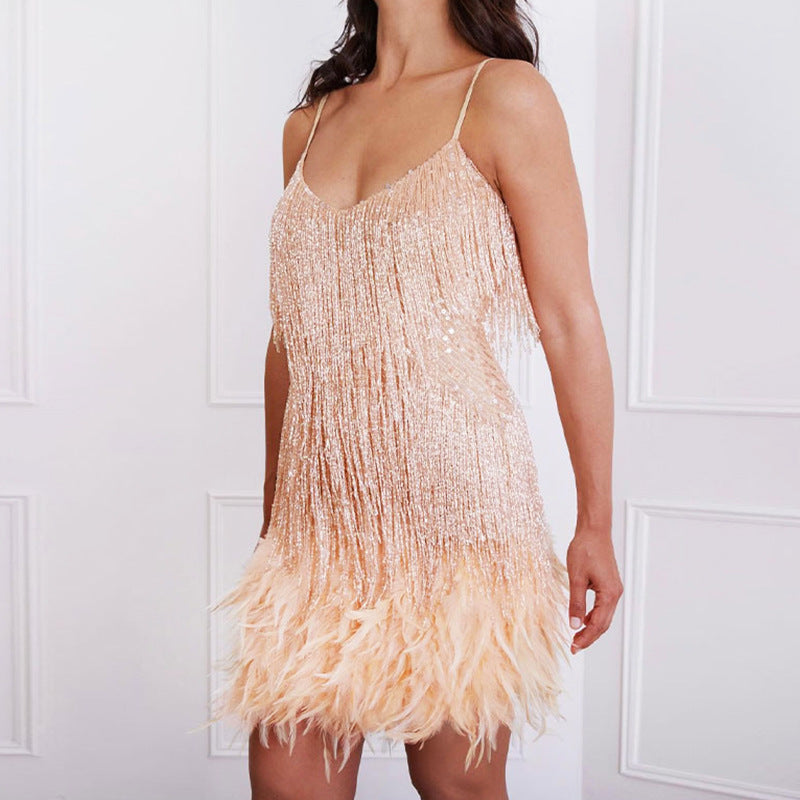 💥This month's hottest items - Women's Feather Fringe Sequin Spaghetti Strap Dress - naotstore