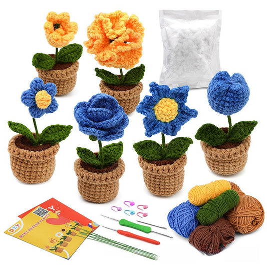 Crochet Handmade DIY Yarn Flower Potted Plant Ornament Material Kit(blue)