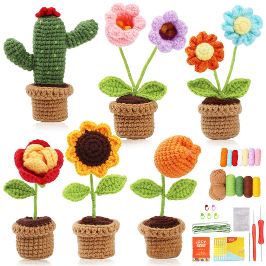 Crochet Handmade DIY Yarn Flower Potted Plant Ornament Material Kit(six styles)