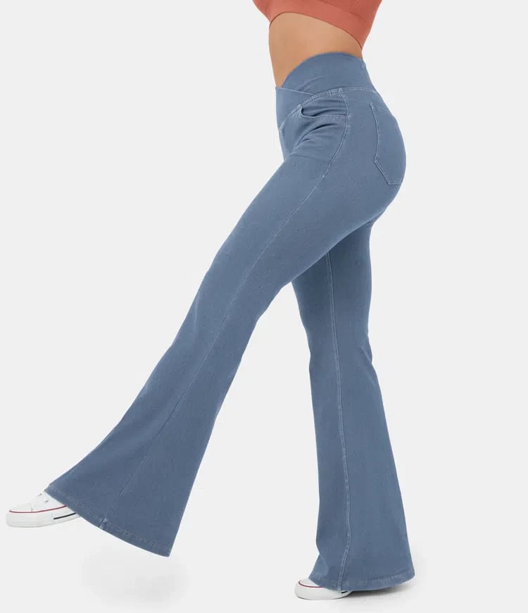 Usphonecards -Stretchy Denim High Waisted Crossover Flare Pants