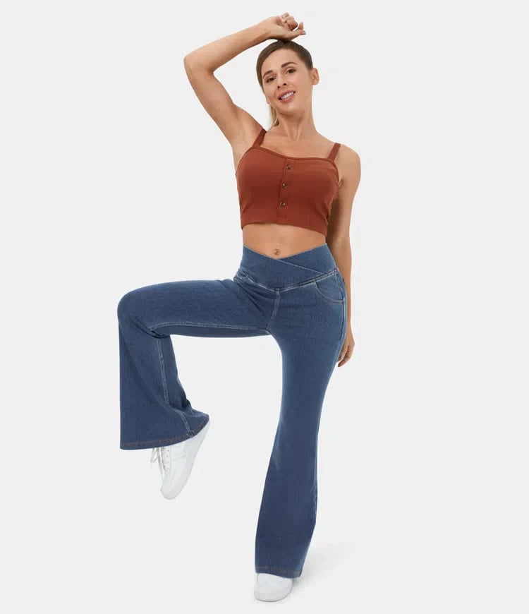 Usphonecards -Stretchy Denim High Waisted Crossover Flare Pants